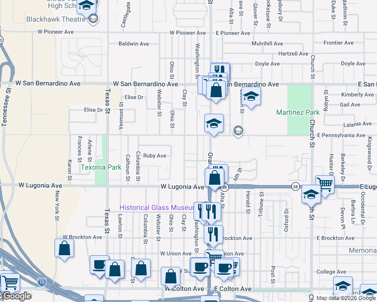map of restaurants, bars, coffee shops, grocery stores, and more near 1418 Clay Street in Redlands