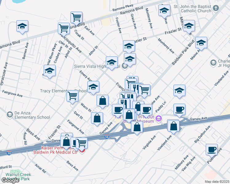 map of restaurants, bars, coffee shops, grocery stores, and more near 3456 Robinette Avenue in Baldwin Park