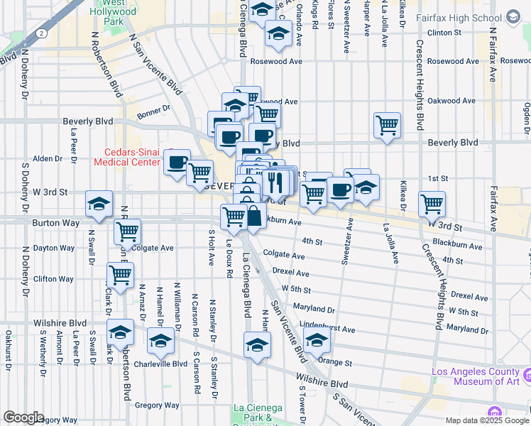 map of restaurants, bars, coffee shops, grocery stores, and more near 8457 Blackburn Avenue in Los Angeles