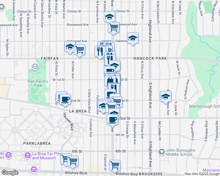 map of restaurants, bars, coffee shops, grocery stores, and more near 131 South La Brea Avenue in Los Angeles