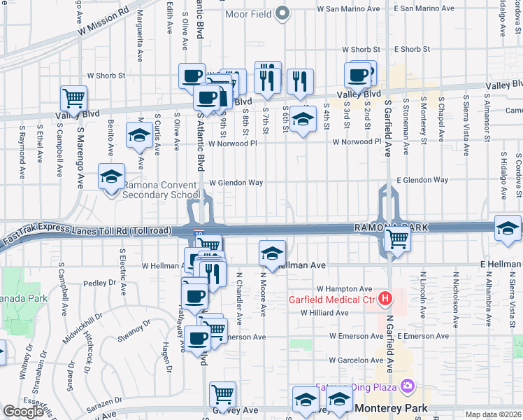 map of restaurants, bars, coffee shops, grocery stores, and more near 1841 South 7th Street in Alhambra
