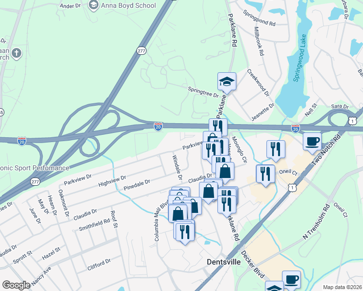 map of restaurants, bars, coffee shops, grocery stores, and more near 7603 Parkview Drive in Columbia