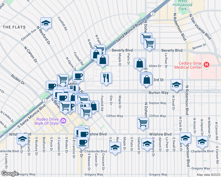 map of restaurants, bars, coffee shops, grocery stores, and more near 9265 Burton Way in Beverly Hills