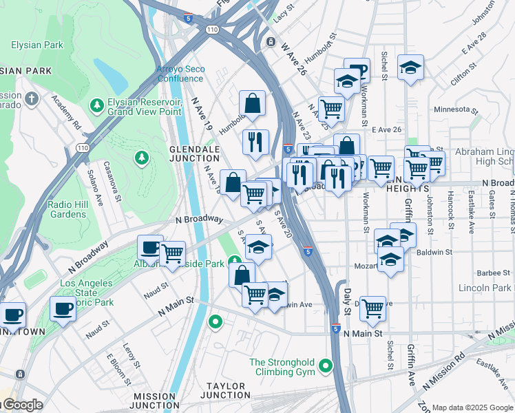 map of restaurants, bars, coffee shops, grocery stores, and more near 1909 N Broadway in Los Angeles