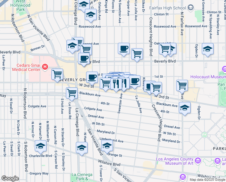 map of restaurants, bars, coffee shops, grocery stores, and more near 8330 West 3rd Street in Los Angeles