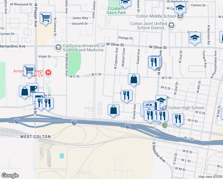 map of restaurants, bars, coffee shops, grocery stores, and more near 541 North Cypress Avenue in Colton