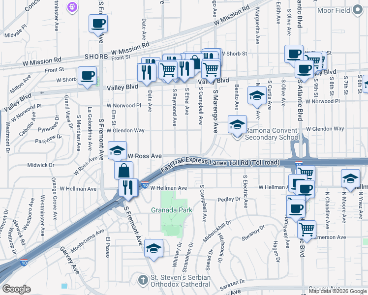 map of restaurants, bars, coffee shops, grocery stores, and more near 1813 South Ethel Avenue in Alhambra