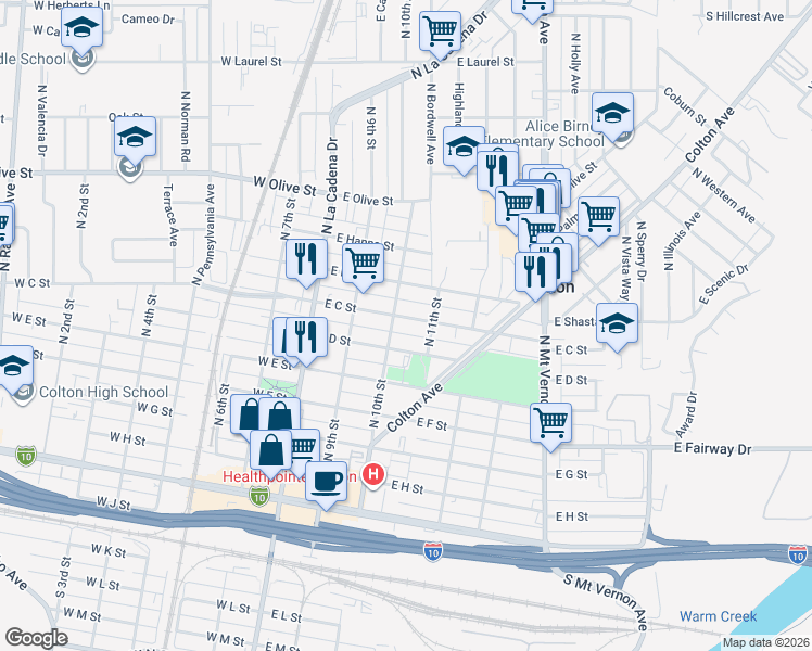 map of restaurants, bars, coffee shops, grocery stores, and more near 326 East C Street in Colton