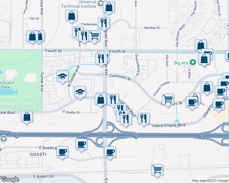 map of restaurants, bars, coffee shops, grocery stores, and more near 800 North Haven Avenue in Ontario