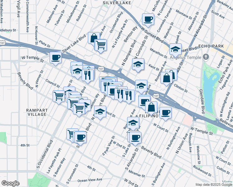 map of restaurants, bars, coffee shops, grocery stores, and more near 315 North Coronado Street in Los Angeles