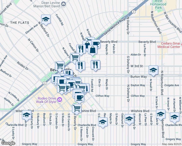 map of restaurants, bars, coffee shops, grocery stores, and more near 9301 Burton Way in Beverly Hills