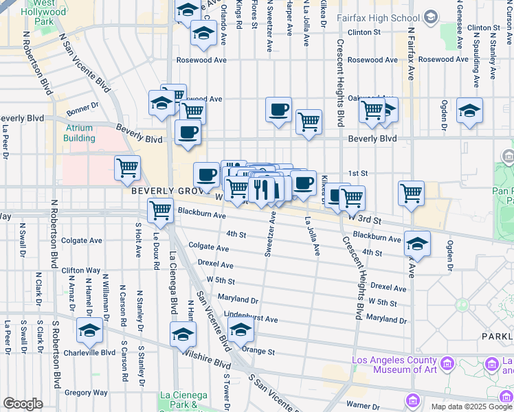 map of restaurants, bars, coffee shops, grocery stores, and more near 8330 West 3rd Street in Los Angeles