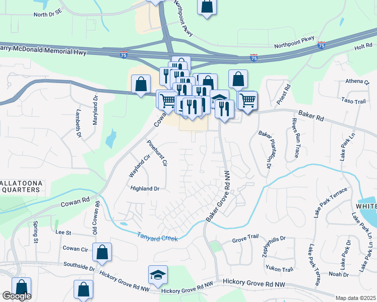 map of restaurants, bars, coffee shops, grocery stores, and more near 331 Windcroft Lane Northwest in Acworth