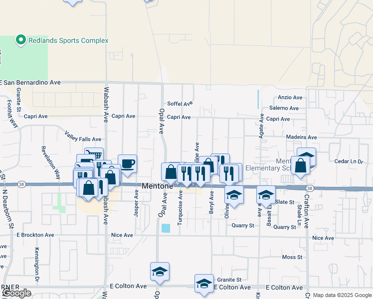 map of restaurants, bars, coffee shops, grocery stores, and more near 1354 Turquoise Avenue in Mentone