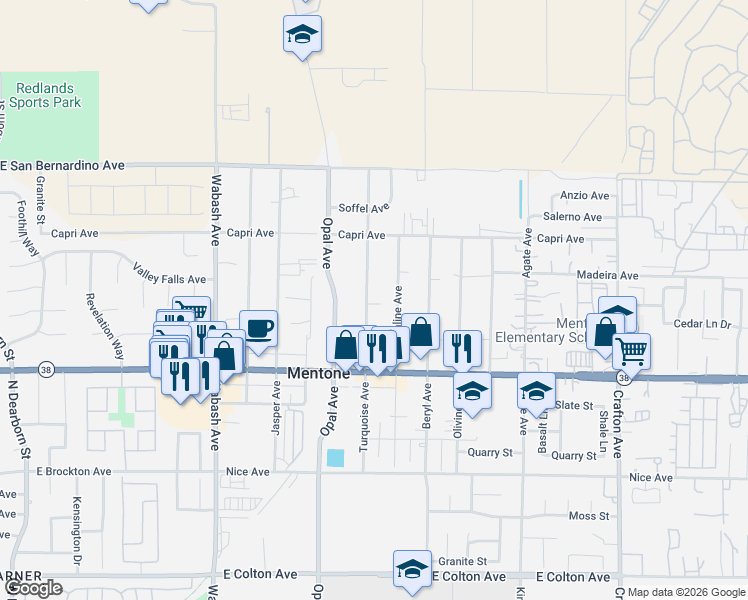 map of restaurants, bars, coffee shops, grocery stores, and more near 1354 Turquoise Avenue in Mentone
