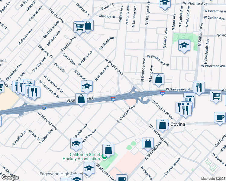 map of restaurants, bars, coffee shops, grocery stores, and more near 2013 West Garvey Avenue North in West Covina