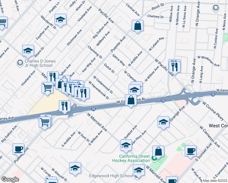map of restaurants, bars, coffee shops, grocery stores, and more near 2317 West Cedarwood Street in West Covina