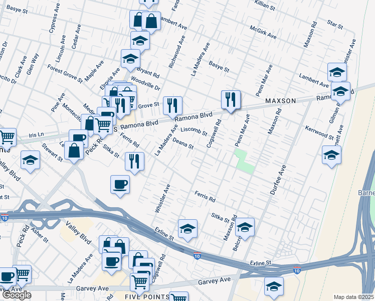 map of restaurants, bars, coffee shops, grocery stores, and more near 11914 Deana Street in El Monte
