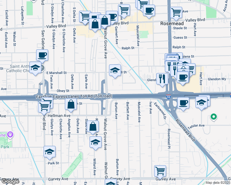 map of restaurants, bars, coffee shops, grocery stores, and more near 8644 Olney Street in Rosemead