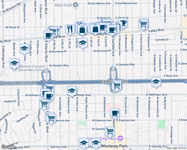 map of restaurants, bars, coffee shops, grocery stores, and more near 1844 South 4th Street in Alhambra