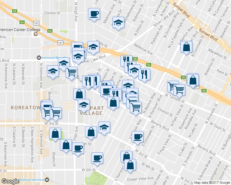 map of restaurants, bars, coffee shops, grocery stores, and more near 133 North Reno Street in Los Angeles