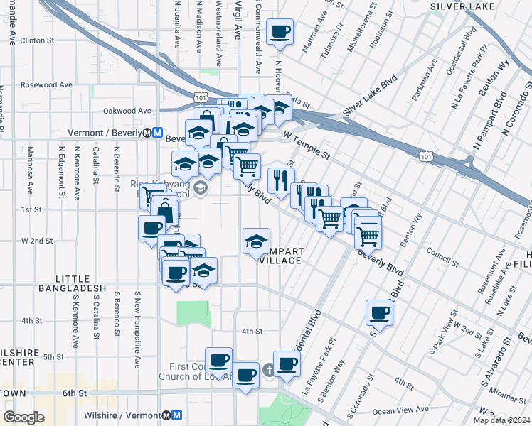 map of restaurants, bars, coffee shops, grocery stores, and more near 134 South Commonwealth Avenue in Los Angeles