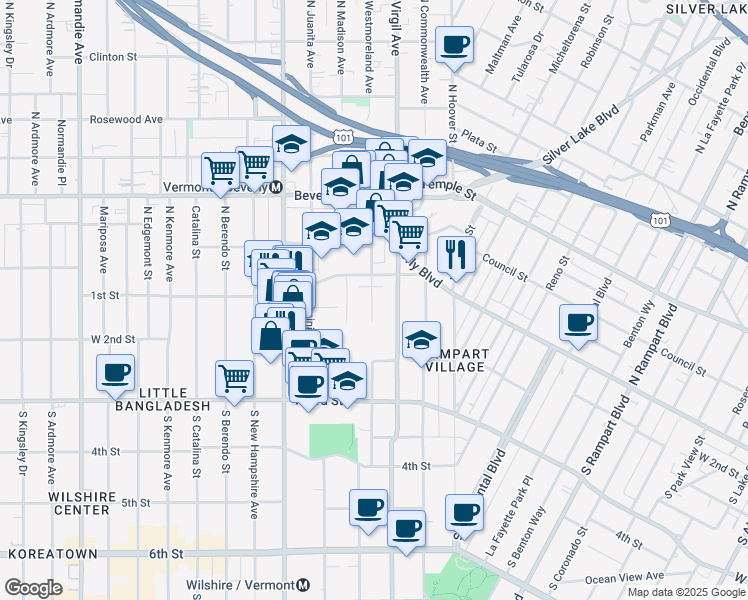 map of restaurants, bars, coffee shops, grocery stores, and more near 129 South Westmoreland Avenue in Los Angeles