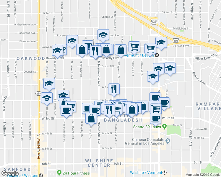 map of restaurants, bars, coffee shops, grocery stores, and more near 110 South Mariposa Avenue in Los Angeles