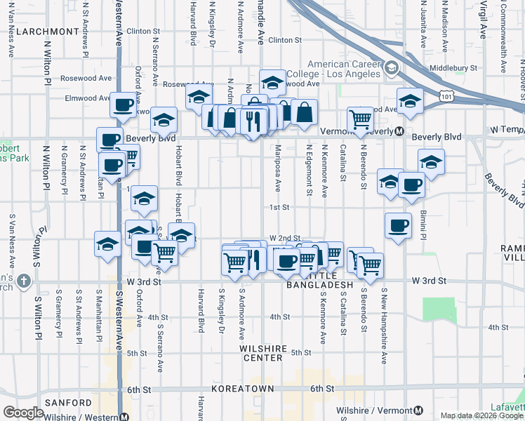 map of restaurants, bars, coffee shops, grocery stores, and more near 106 Normandie Avenue in Los Angeles