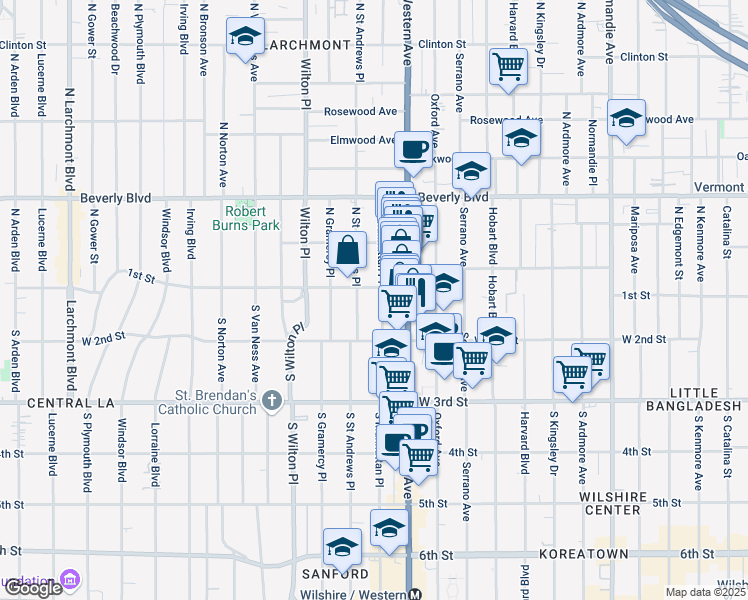 map of restaurants, bars, coffee shops, grocery stores, and more near 112 South Saint Andrews Place in Los Angeles