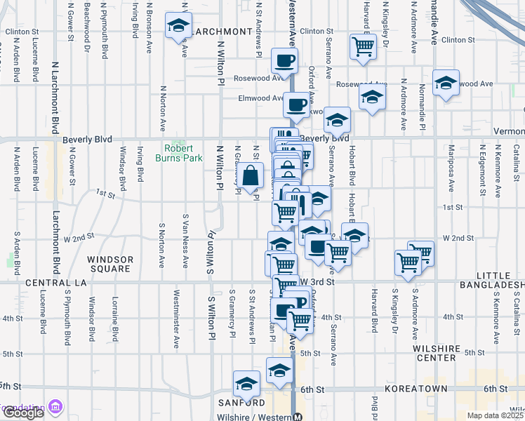 map of restaurants, bars, coffee shops, grocery stores, and more near 112 South Saint Andrews Place in Los Angeles