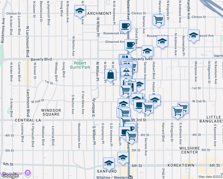 map of restaurants, bars, coffee shops, grocery stores, and more near 112 South Saint Andrews Place in Los Angeles