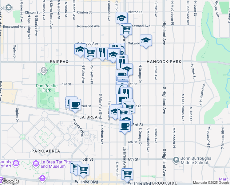 map of restaurants, bars, coffee shops, grocery stores, and more near 139 South Detroit Street in Los Angeles