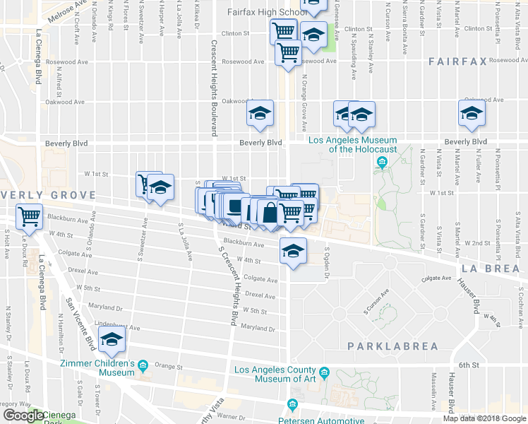 map of restaurants, bars, coffee shops, grocery stores, and more near 156 South Edinburgh Avenue in West Hollywood