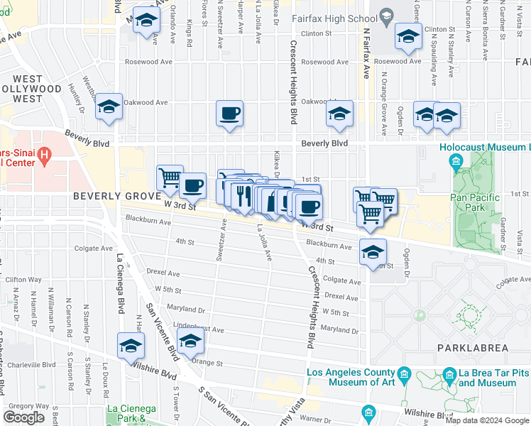 map of restaurants, bars, coffee shops, grocery stores, and more near 8201 West 3rd Street in Los Angeles