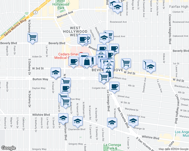 map of restaurants, bars, coffee shops, grocery stores, and more near 8569 Burton Way in Los Angeles