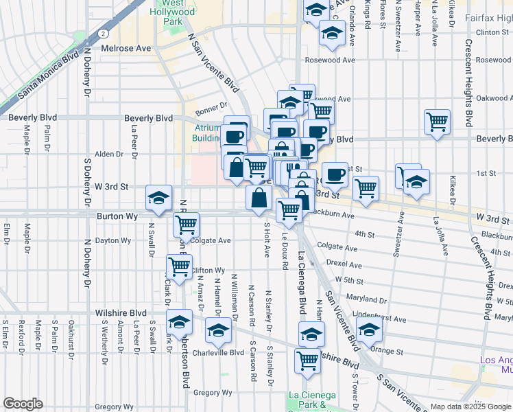 map of restaurants, bars, coffee shops, grocery stores, and more near 8569 Burton Way in Los Angeles