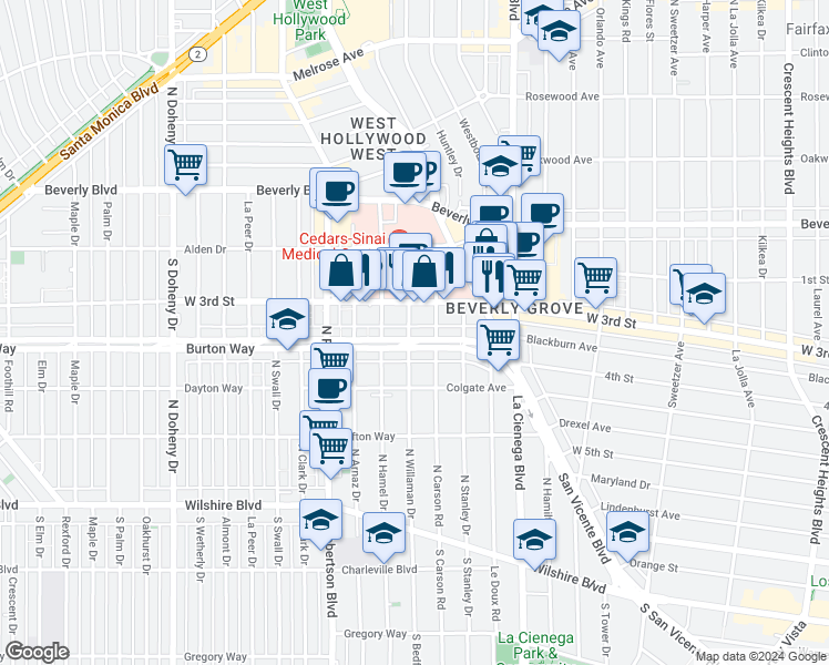 map of restaurants, bars, coffee shops, grocery stores, and more near 8611 Burton Way in Los Angeles