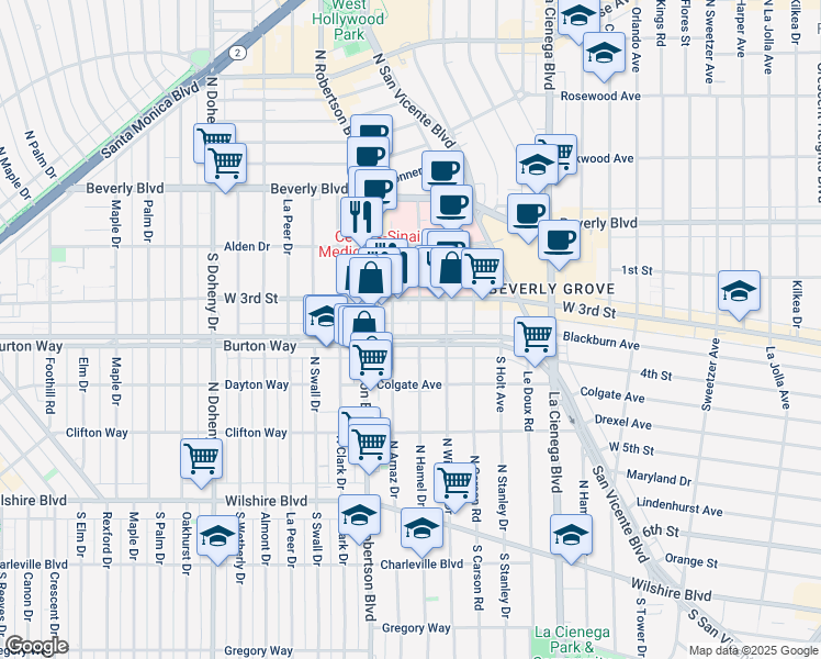 map of restaurants, bars, coffee shops, grocery stores, and more near 8665 Burton Way in Los Angeles