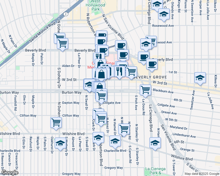 map of restaurants, bars, coffee shops, grocery stores, and more near 8757 Burton Way in West Hollywood