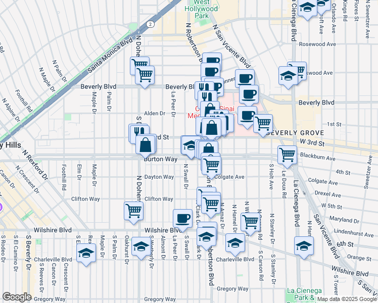 map of restaurants, bars, coffee shops, grocery stores, and more near 8901 Burton Way in Los Angeles