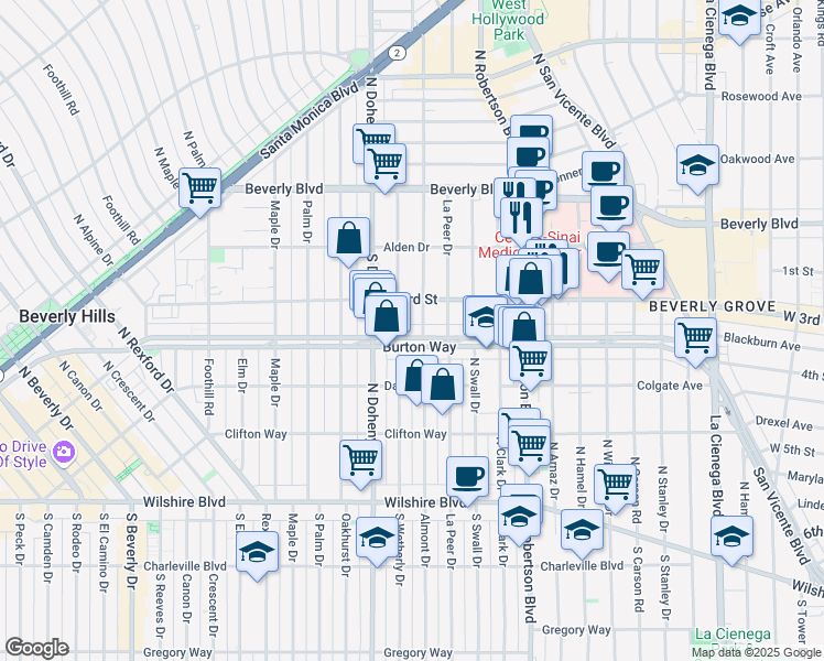 map of restaurants, bars, coffee shops, grocery stores, and more near 330 South Almont Drive in Los Angeles