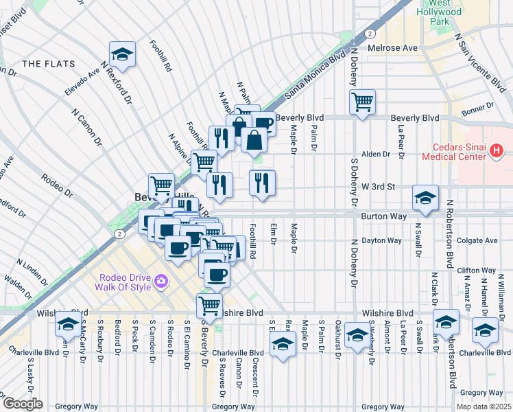 map of restaurants, bars, coffee shops, grocery stores, and more near in Beverly Hills