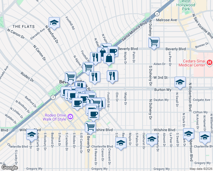 map of restaurants, bars, coffee shops, grocery stores, and more near in Beverly Hills