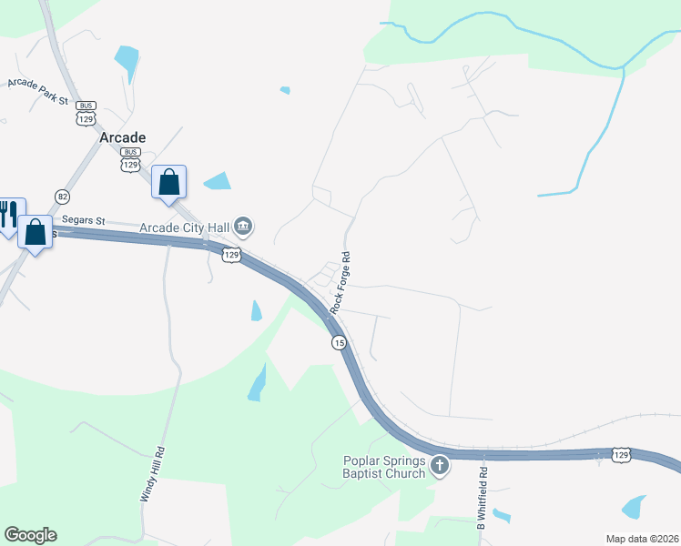 map of restaurants, bars, coffee shops, grocery stores, and more near 57 Rock Forge Road in Arcade