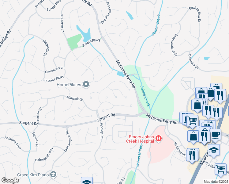 map of restaurants, bars, coffee shops, grocery stores, and more near 705 Quail Run Court in Alpharetta