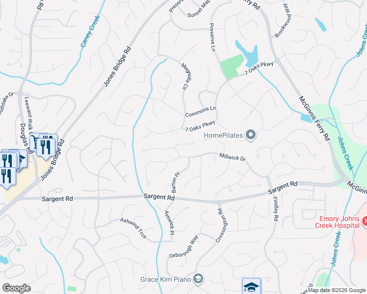 map of restaurants, bars, coffee shops, grocery stores, and more near 121 Overhill Point in Alpharetta