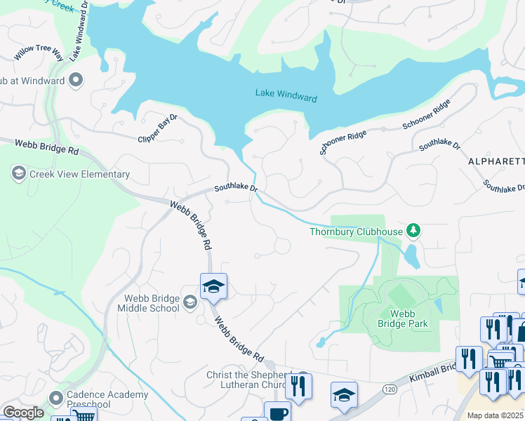 map of restaurants, bars, coffee shops, grocery stores, and more near 110 Westchester Way in Alpharetta
