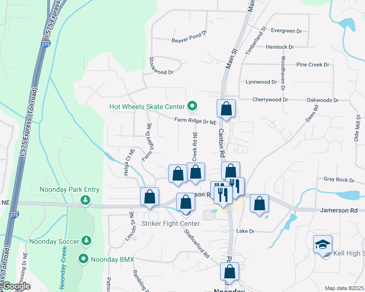 map of restaurants, bars, coffee shops, grocery stores, and more near 795 Farm Creek Road Northeast in Woodstock