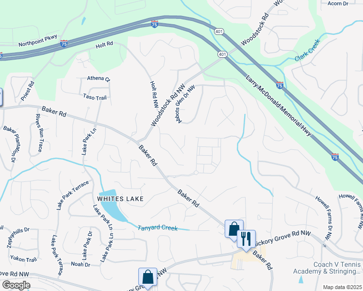 map of restaurants, bars, coffee shops, grocery stores, and more near 2810 Quince Lane Northwest in Acworth